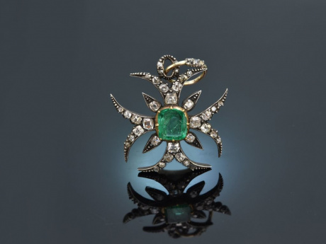 Um 1800! Feinster Smaragd Kreuz Anhänger mit Diamanten Silber Gold 585