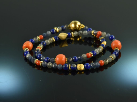 Ancient Chic! Fancy Armband 2reihig Lapislazuli Koralle und Saphir Sterlingsilber 925 vergoldet