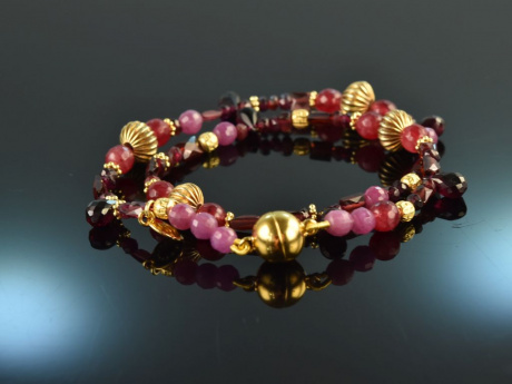 Red Blossom! 2reihiges Fancy Armband mit Granat Achat und Pink Saphir aus Silber 925 vergoldet
