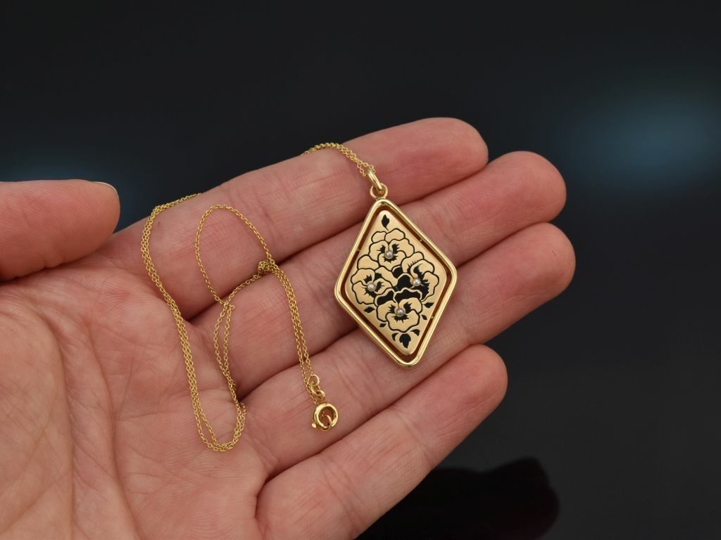 Um 1905! Jugendstil Anhänger mit Kette Niello Saatperlen Gold 585, 599,00 €