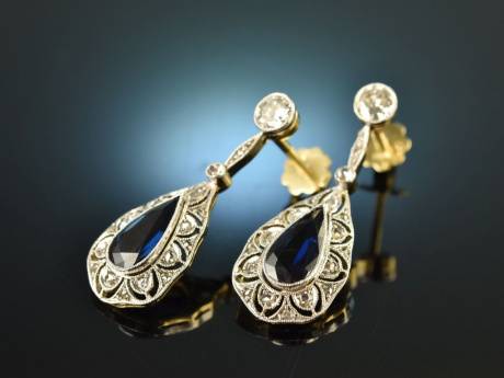 Um 1915! Elegante Ohrringe mit Saphiren und Diamanten Gold 585 Platin