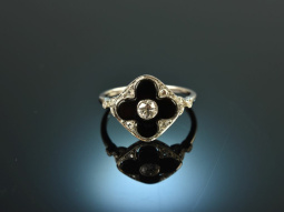 Um 1930! Art Deco Ring mit Altschliffdiamant und Onyx Wei&szlig; Gold 750