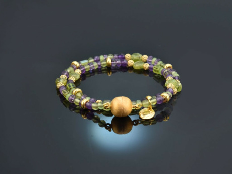 Summer Garden! Fancy Armband 2reihig Peridot und Amethyst Silber 925 vergoldet