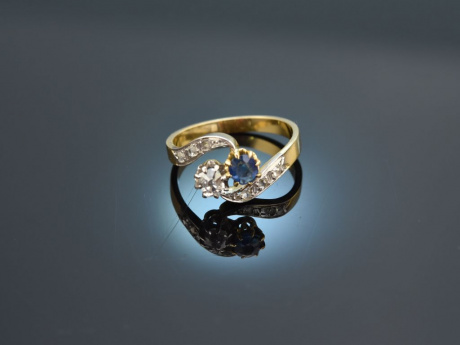 Frankreich um 1900! Sch&ouml;ner Toi et Moi Ring mit Saphir und Diamanten Gold 750