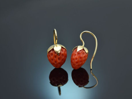 Coral Strawberries! Gro&szlig;e Korallen Erdbeer Ohrringe Gold 585