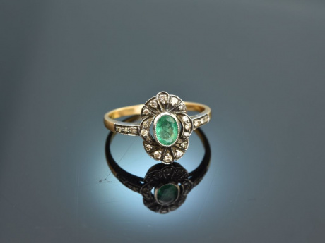Um 1950! Smaragd Diamant Ring Gold 750 Silber