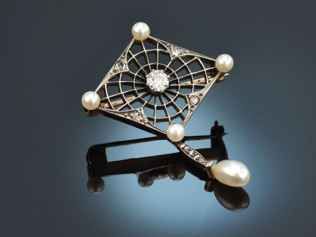 Um 1900! Spinnennetz Brosche mit Diamanten und Naturperlen Gold 585