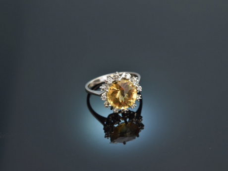 Um 1970! Schicker Vintage Citrin Ring mit Diamanten Wei&szlig; Gold 585