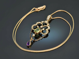 England 1908! Suffragetten Anh&auml;nger mit Kette Peridot Amethyst Saatperlen Gold 375