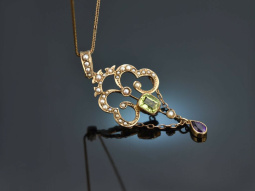 England 1908! Suffragetten Anh&auml;nger mit Kette Peridot Amethyst Saatperlen Gold 375