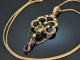 England 1908! Suffragetten Anh&auml;nger mit Kette Peridot Amethyst Saatperlen Gold 375