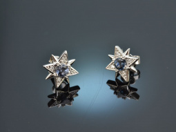 Blue Stars! Stern Ohrringe mit blauen Spinellen und Diamanten Wei&szlig; Gold 585
