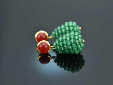 Blushed Green! Tropfen Ohrringe mit gr&uuml;nen Onyx und rotem Achat Sterlingsilber 925 vergoldet