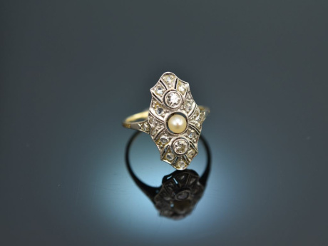 Um 1910! Sch&ouml;ner Belle Epoque Ring mit Diamanten und Perle Gold 585 Platin