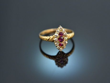 England um 1897! Feiner Ring mit Rubinen und Diamanten Gold 750