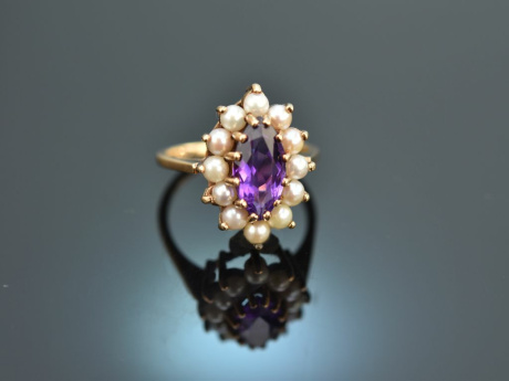 England um 1950! Amethyst Ring mit Saatperlen Gold 375