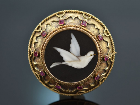 Um 1890! Schöne Pietra Dura Brosche mit Friedens Taube Rubine Gold 585