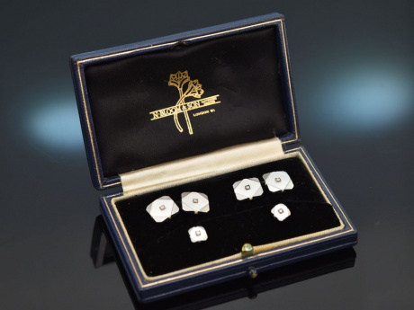 London um 1950! Edles Manschettenknöpfe Set Diamanten und Perlmutt Weiß Gold 375
