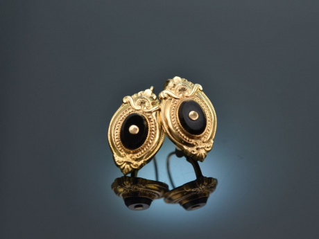 Um 1890! Historische Ohrringe mit Onyxeinlagen Gold 333