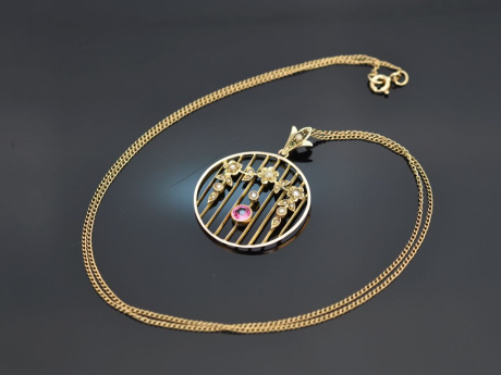 England um 1900! Jugendstil Anh&auml;nger mit Kette Saatperlen und Turmalin Gold 375