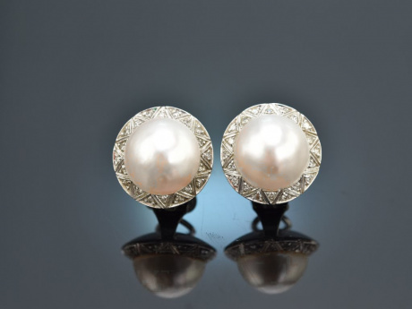 Um 1965! Zeitlose Mabe Perlen Ohrringe mit Diamanten Wei&szlig; Gold 585