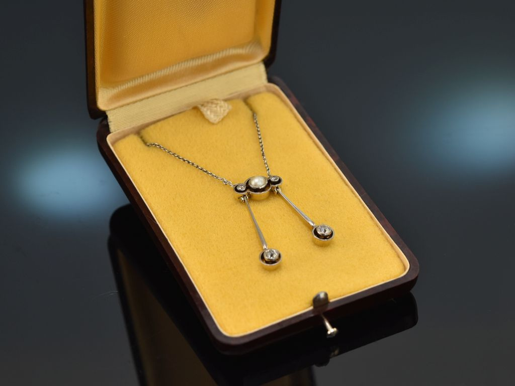 Um 1925! Art Deco Collier Diamanten Perle Gold 585 und Silber im Bake,  1.299,00 €
