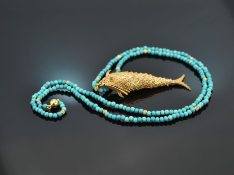 Um 1970! Filigraner Fisch Anh&auml;nger mit T&uuml;rkis Kette Silber vergoldet