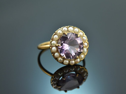 England um 1900! Viktorianischer Ring mit Amethyst und Saatperlen Gold 375