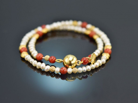 Tiny Pearls! Fancy Armband mit Koralle und Zuchtperlen Silber 925 vergoldet