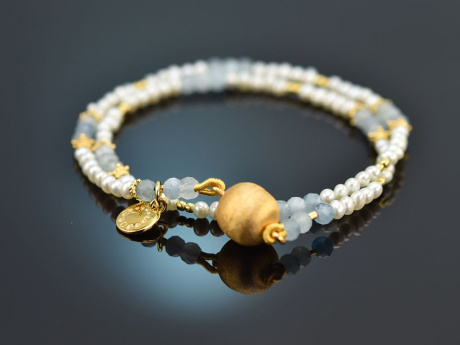 Tiny Pearls! Zartes Fancy Armband mit Aquamarin und Zuchtperlen Silber 925 vergoldet