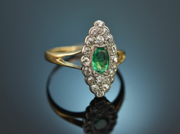 Um 1910! Marquise Ring mit Smaragd und Altschliff Diamanten Gold 750