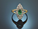 Um 1910! Marquise Ring mit Smaragd und Altschliff Diamanten Gold 750