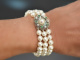 Around 1975! Fine 3-row Akoya cultured pearl bracelet brilliant-cut emeralds white gold 750