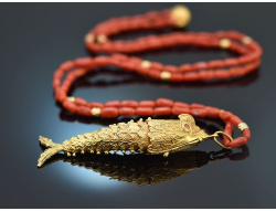Around 1970! Filigree fish pendant with coral chain...