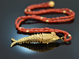 Around 1970! Filigree fish pendant with coral chain...
