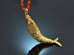 Around 1970! Filigree fish pendant with coral chain...