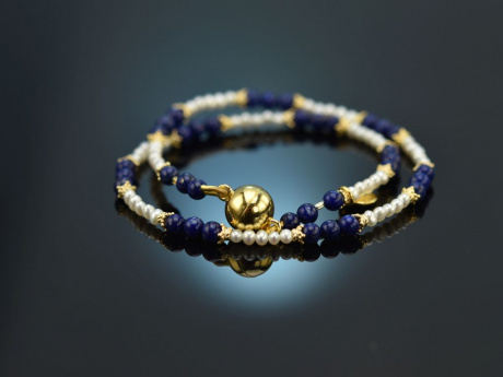 Tiny Pearls! Zartes Armband mit Zuchtperlen und Lapislazuli Silber 925 vergoldet