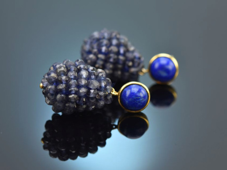 Deep Blue! Tropfen Ohrringe mit Iolith und Lapislazuli Sterlingsilber 925 vergoldet