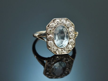 Um 1920! Art Deco Platin Ring mit Aquamarin und Altschliff Diamanten