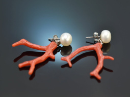 From Italy! Coral branch earrings with cultured pearls...