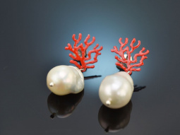 Korallen Riff! Schicke Ohrringe barocke Zuchtperlen rotes Emaille Silber 925