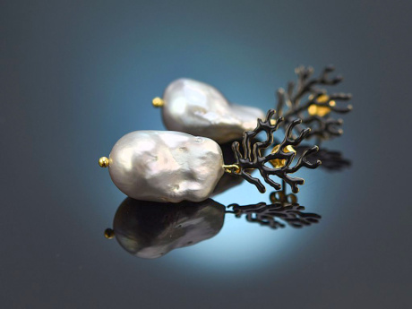 Coral reef! Chic earrings baroque cultured pearls black enamel silver 925