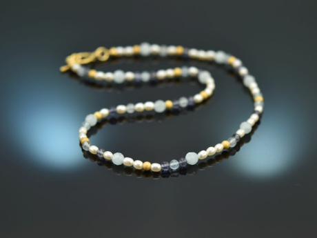 Delicate necklace made of sapphires aquamarines and cultured pearls silver 925 gold-plated