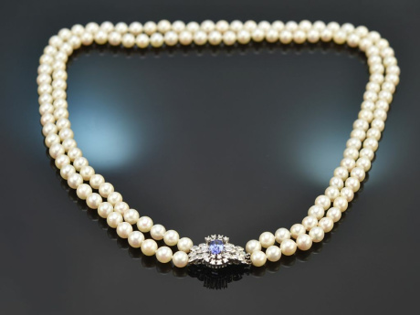 Around 1975! Fine 2-row Akoya cultured pearl necklace with tanzanite and diamonds white gold 585