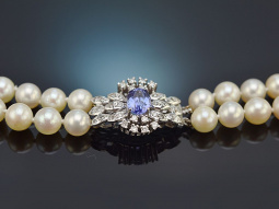 Around 1975! Fine 2-row Akoya cultured pearl necklace with tanzanite and diamonds white gold 585