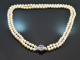 Around 1975! Fine 2-row Akoya cultured pearl necklace with tanzanite and diamonds white gold 585