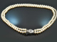 Around 1975! Fine 2-row Akoya cultured pearl necklace with tanzanite and diamonds white gold 585