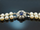 Circa 1990! 2-row Akoya cultured pearl necklace with fine sapphire diamond clasp 750 white gold