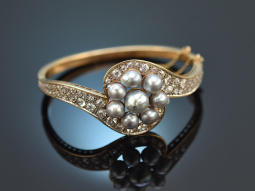 Wien um 1930! Edler Armreif mit Altschliffdiamanten und naturgrauen Perlen Gold 585