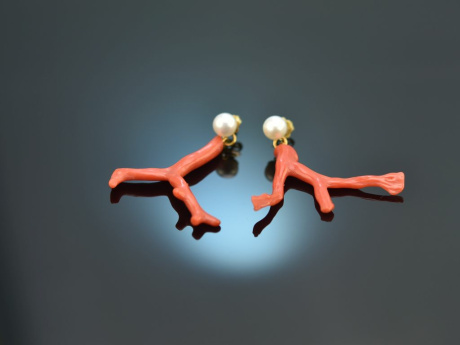 From our workshop! Coral branch earrings with cultured pearls silver 925 gold-plated